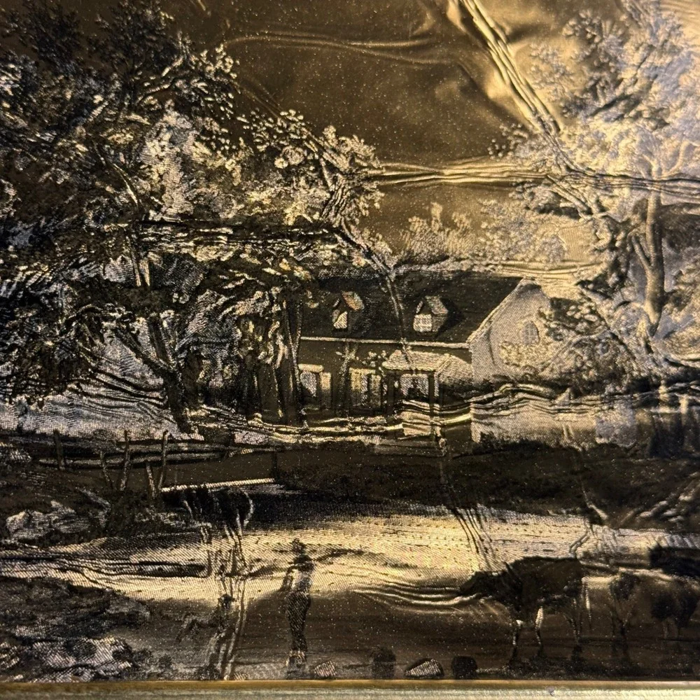 Vintage Currier & Ives Gold‎ Foil Etched Art Farmhouse Landscape Wood Frame 6x8